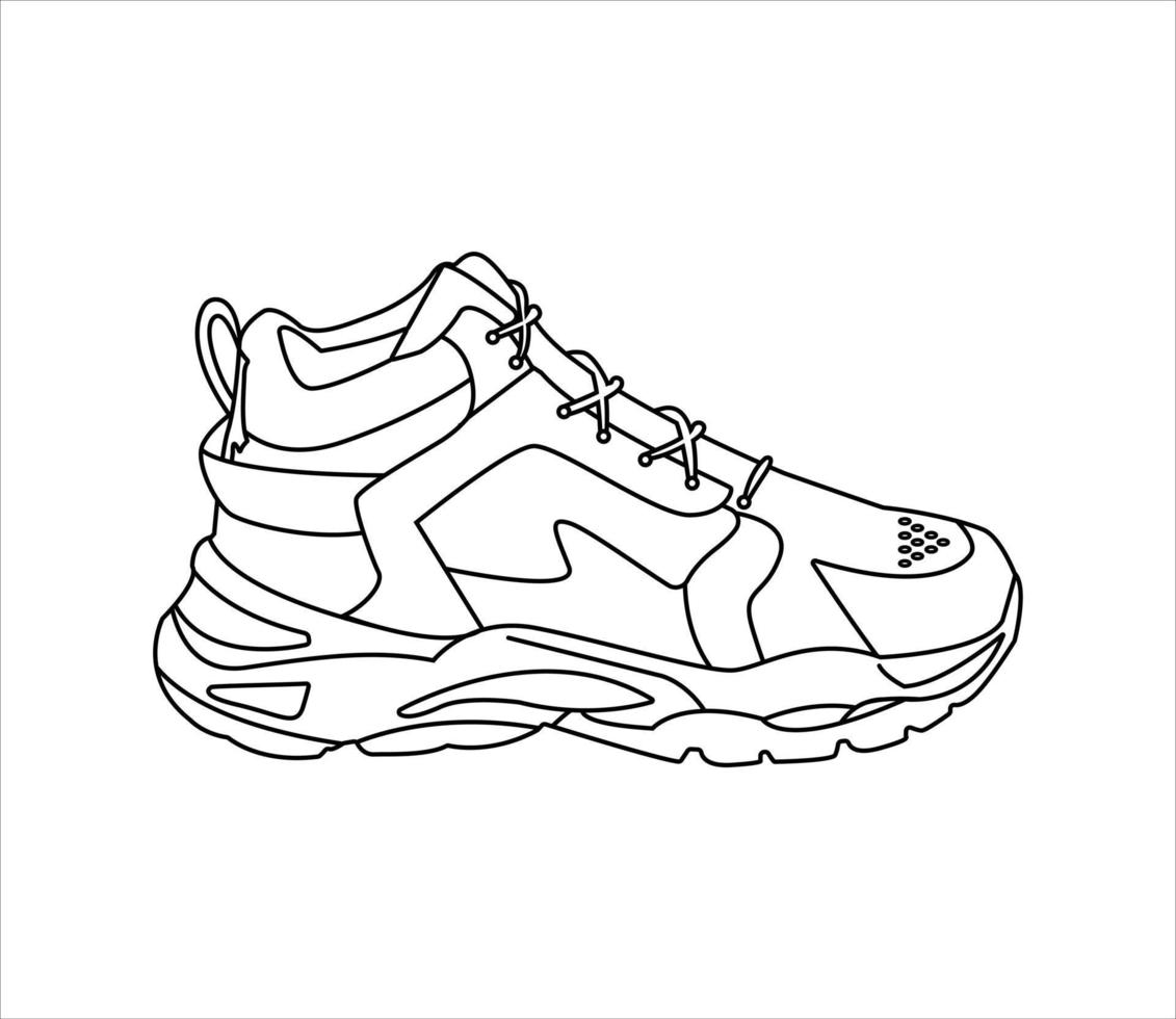 zapatillas geniales. vector de contorno de zapatillas, zapatillas dibujadas en estilo boceto, zapatillas de deporte de contorno negro, ilustración vectorial.