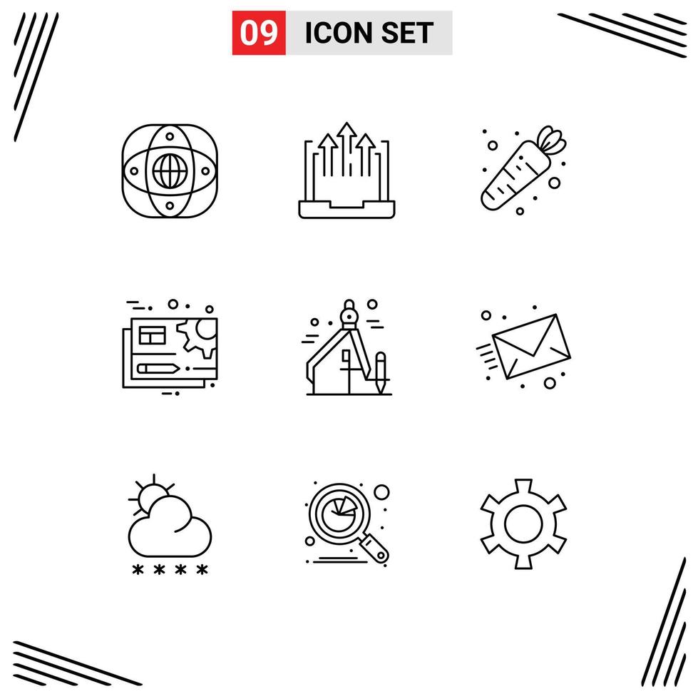 Pack of 9 Modern Outlines Signs and Symbols for Web Print Media such as edit gear laptop file vegetable Editable Vector Design Elements