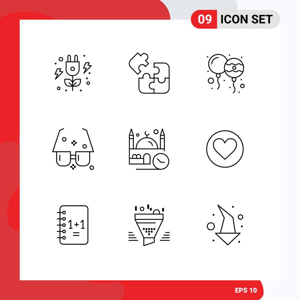 Mobile Interface Outline Set of 9 Pictograms of time sun balloon summer eyeglasses Editable Vector Design Elements