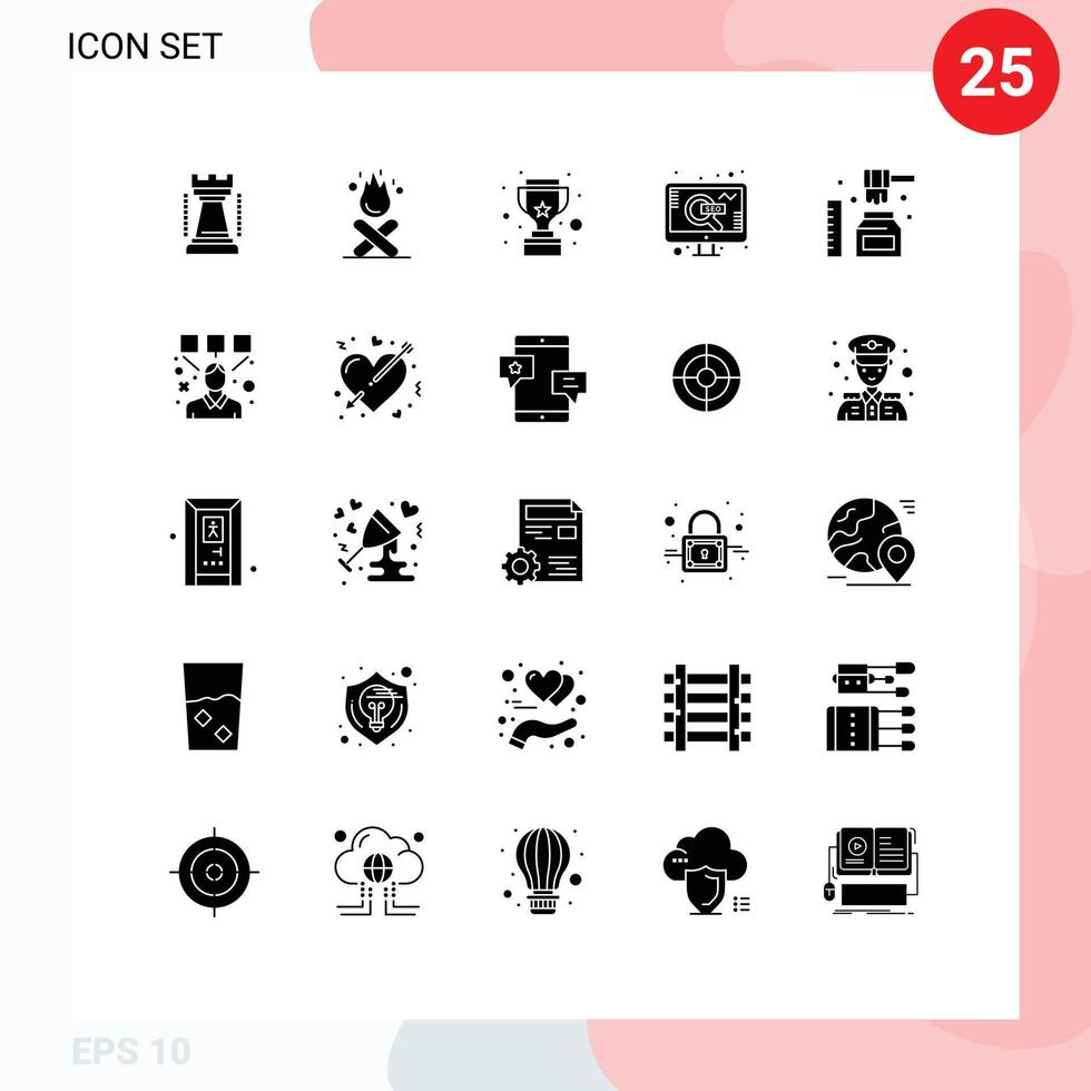 Group of 25 Modern Solid Glyphs Set for honey search cup web marketing Editable Vector Design Elements
