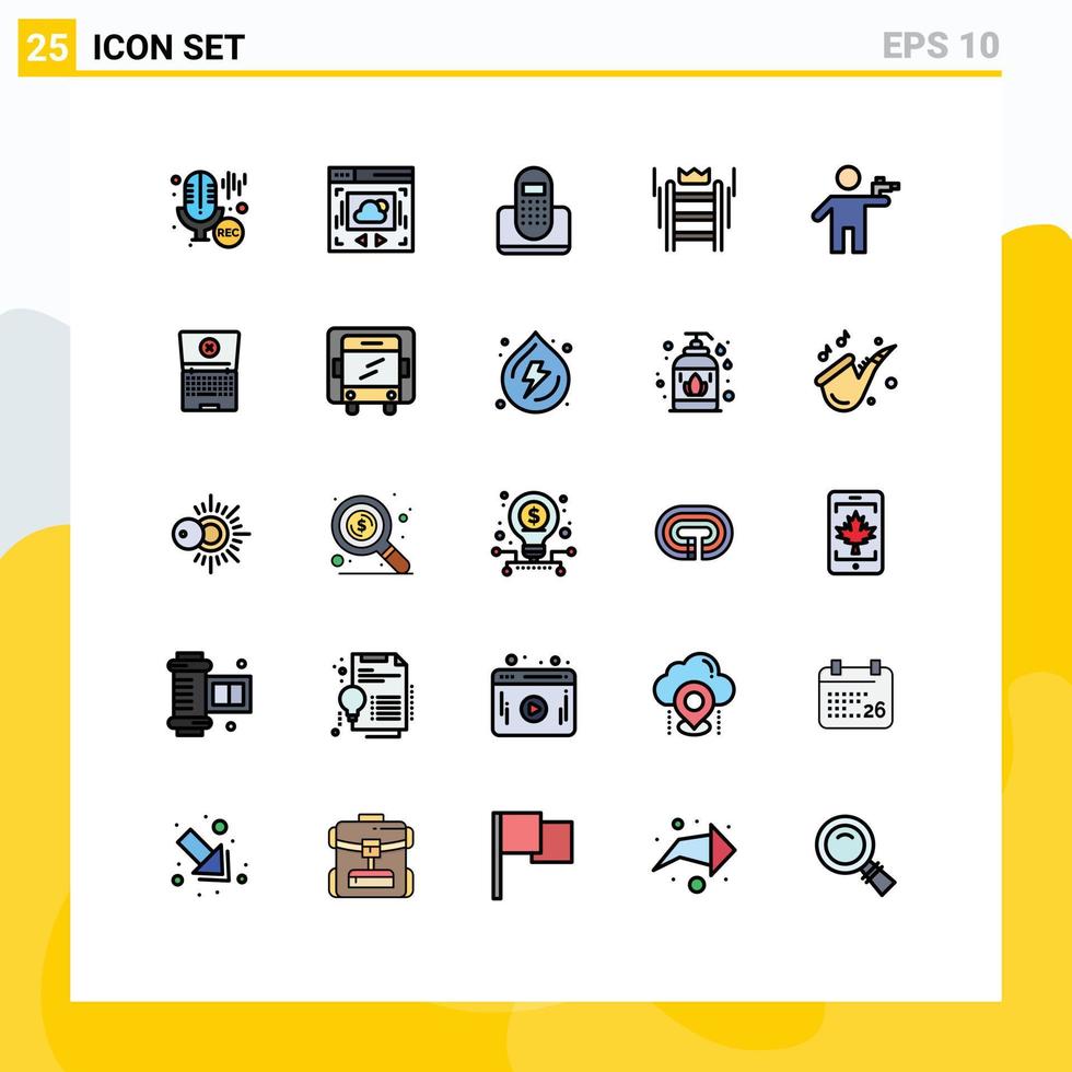 paquete de interfaz de usuario de 25 colores planos básicos de línea rellena de elementos de diseño vectorial editables de escalera de corona de comunicación de herramienta de pistola vector