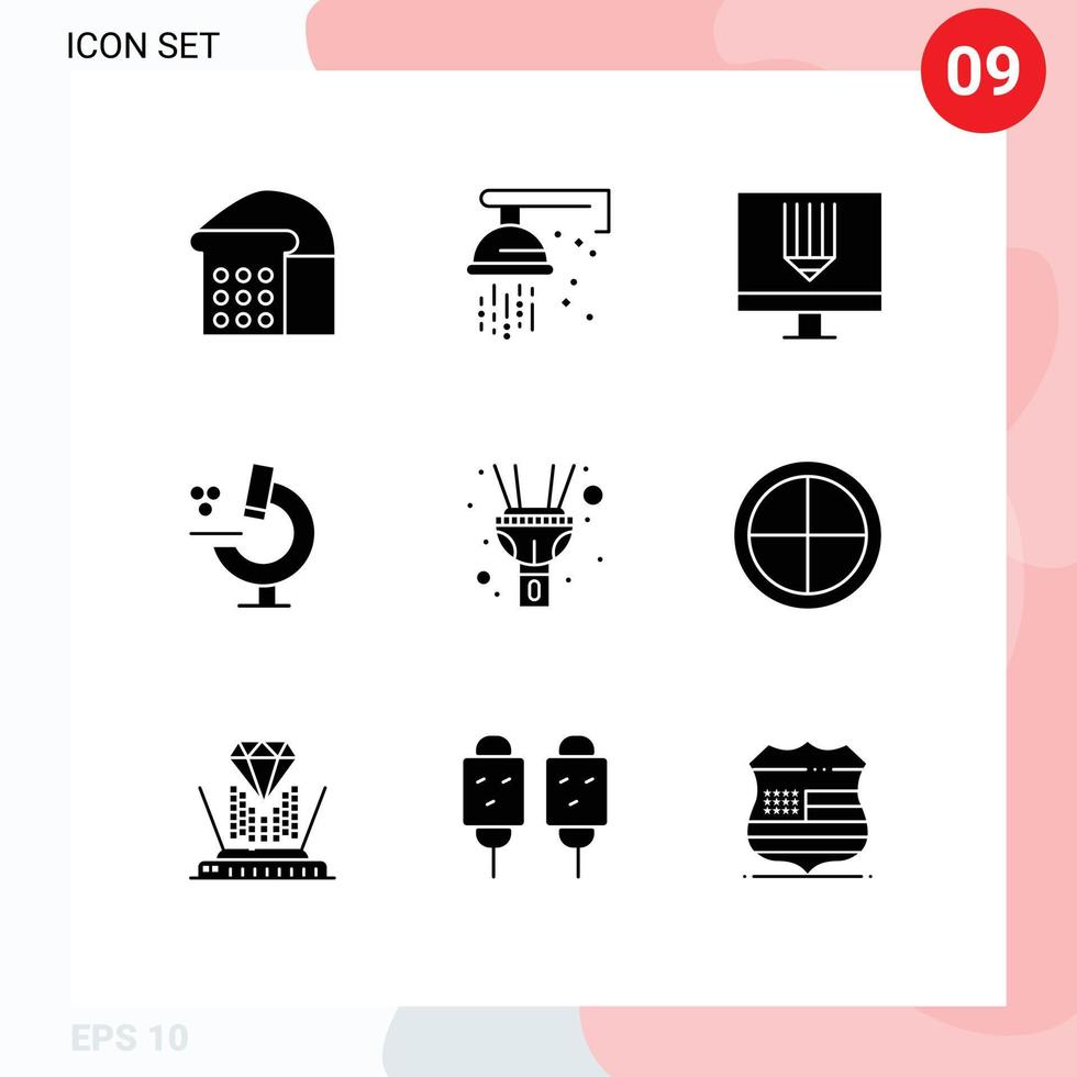 Modern Set of 9 Solid Glyphs Pictograph of torch flash computer science education Editable Vector Design Elements