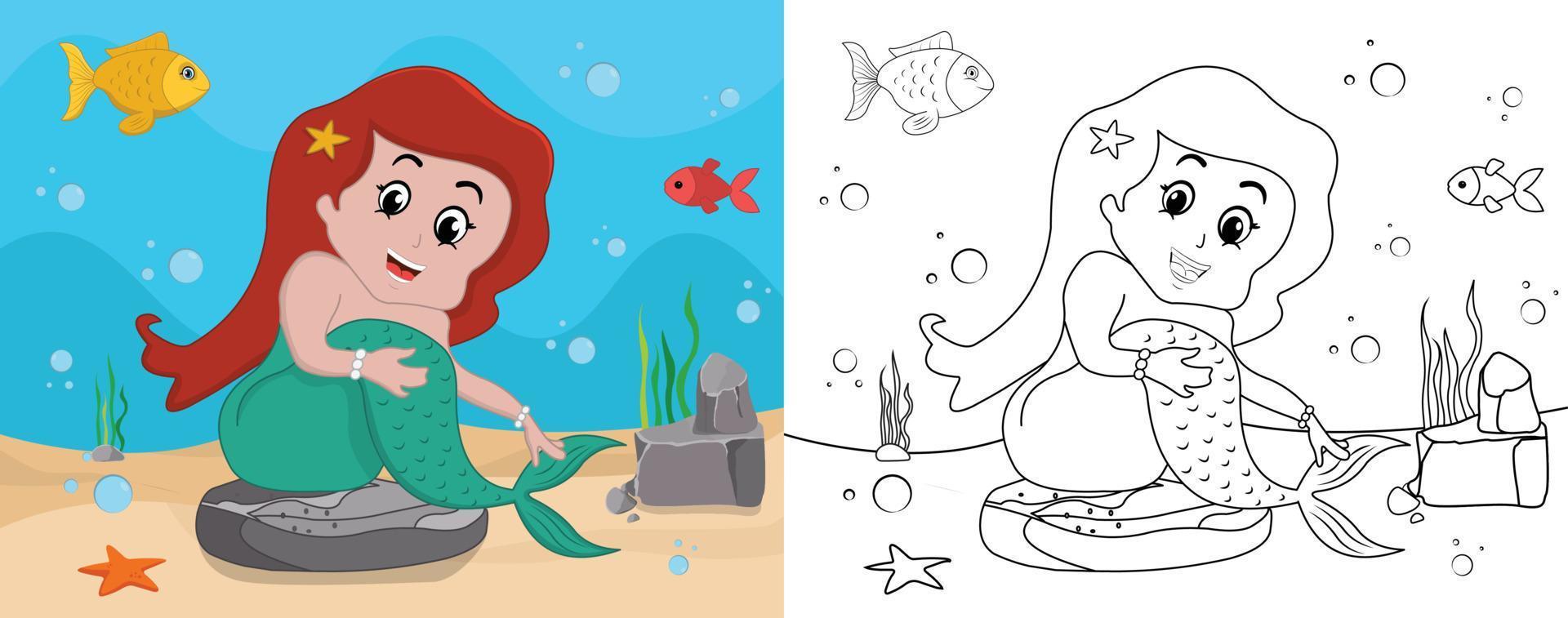 Cartoon mermaid coloring page no 02 kids activity page with line art vector illustration