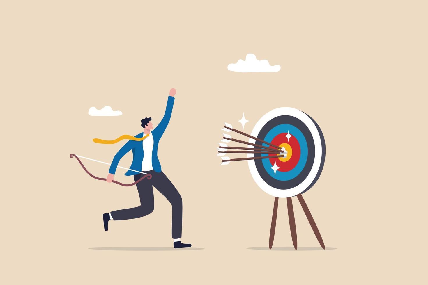 Success reaching goal or target, victory or winner, accuracy and achievement to hit target bullseye, efficiency or perfection concept, businessman archery shoot all his bows hitting bullseye target. vector