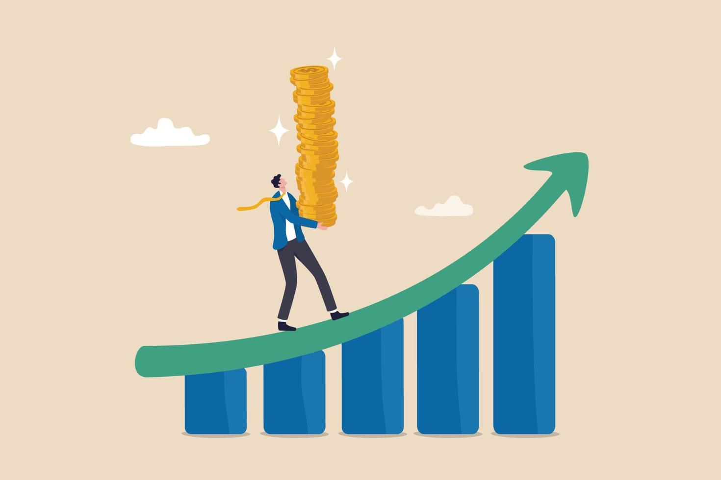 aumentar los ingresos, los ingresos o las ganancias de la inversión, el aumento de los ingresos o la riqueza, el diagrama del gráfico de crecimiento o el concepto de ahorro y retorno de la inversión, el empresario lleva el diagrama del gráfico de crecimiento de la pila de monedas de dinero. vector