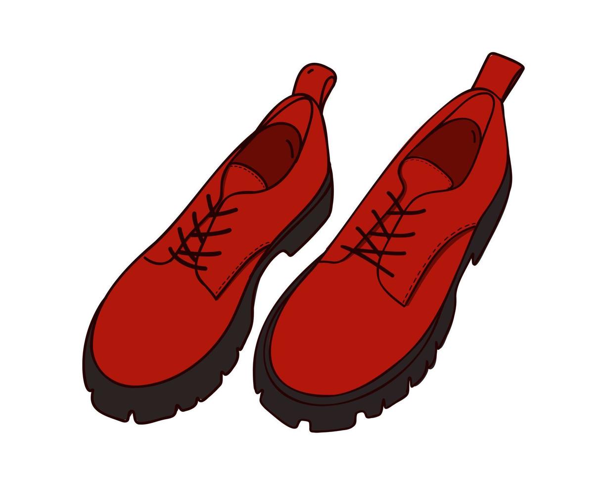 Red women's boots with laces. Doodle and flat illustration vector