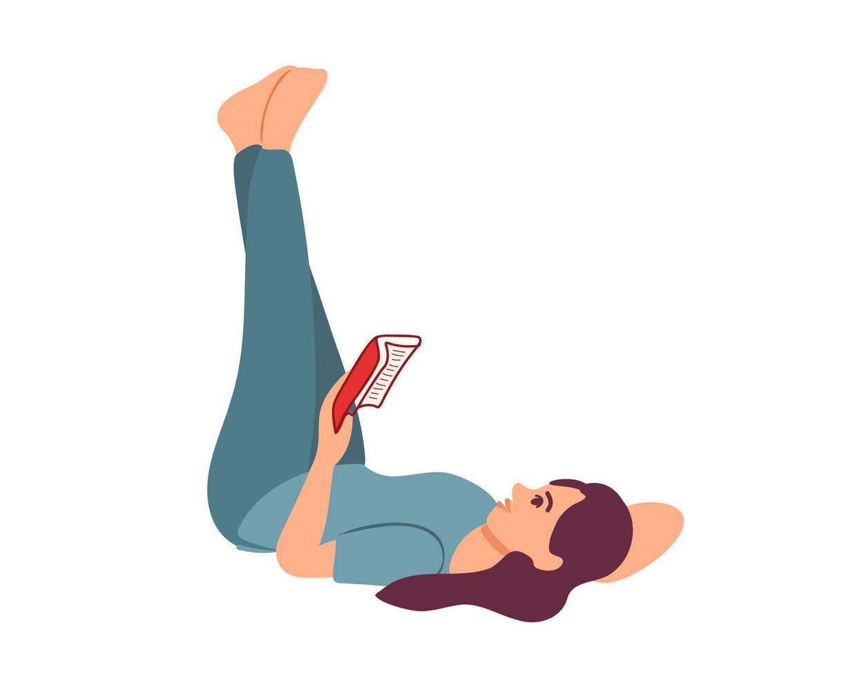 mujer joven en la cama con las piernas arriba y leyendo un libro. ilustración plana vector