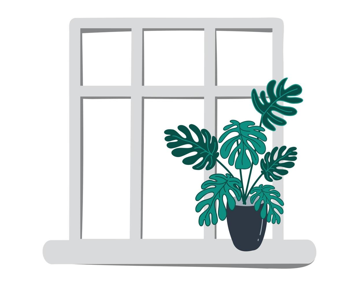 monstera en una olla se encuentra en la ventana de un interior moderno de una casa o apartamento. vector