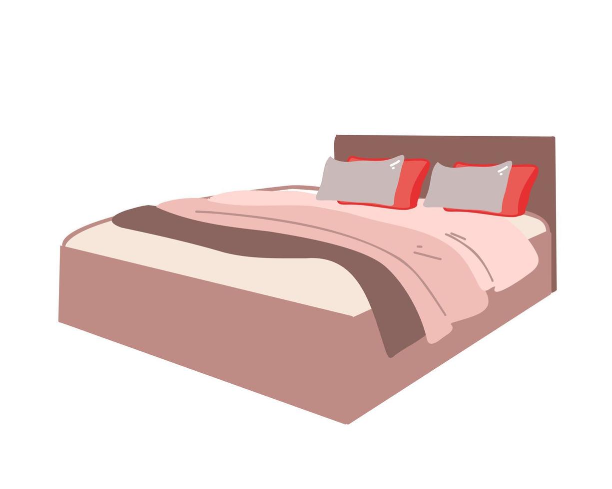 Double bed with pillows and cover. Flat vector illustration