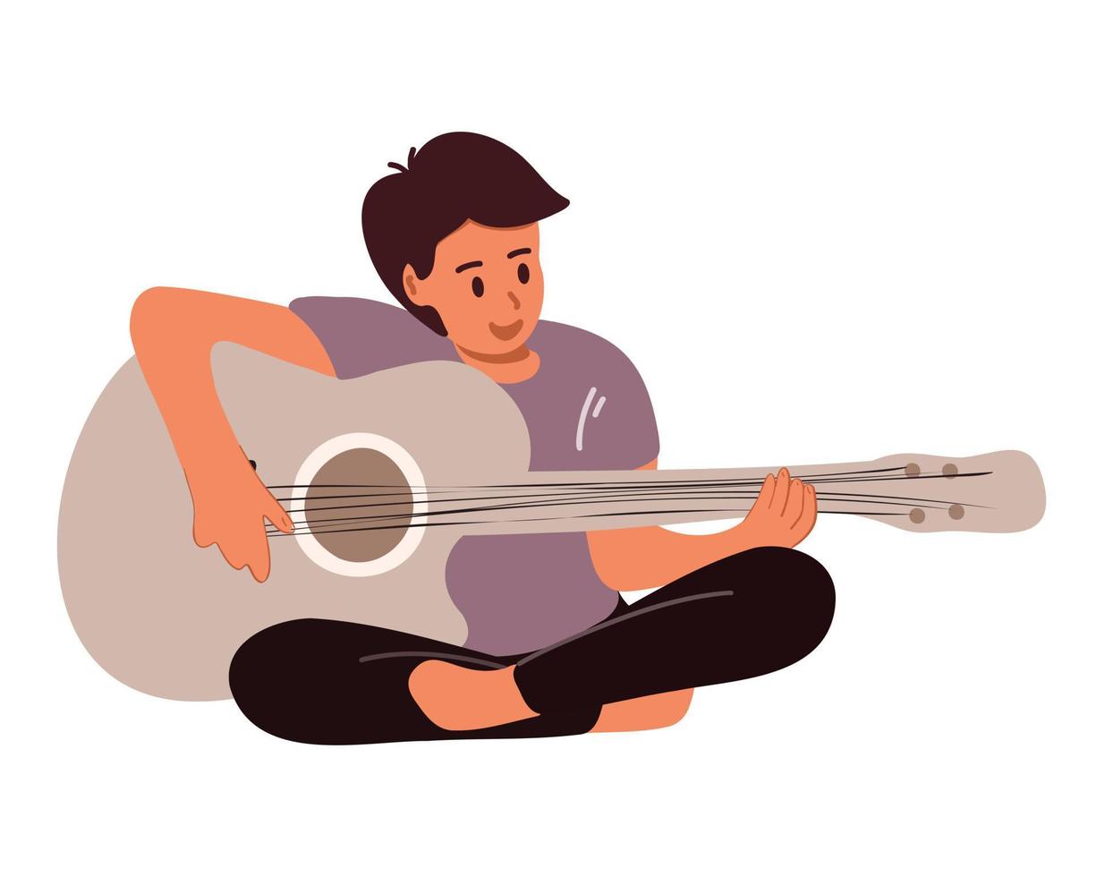 A young male or boy sits and plays the guitar. Flat vector illustration