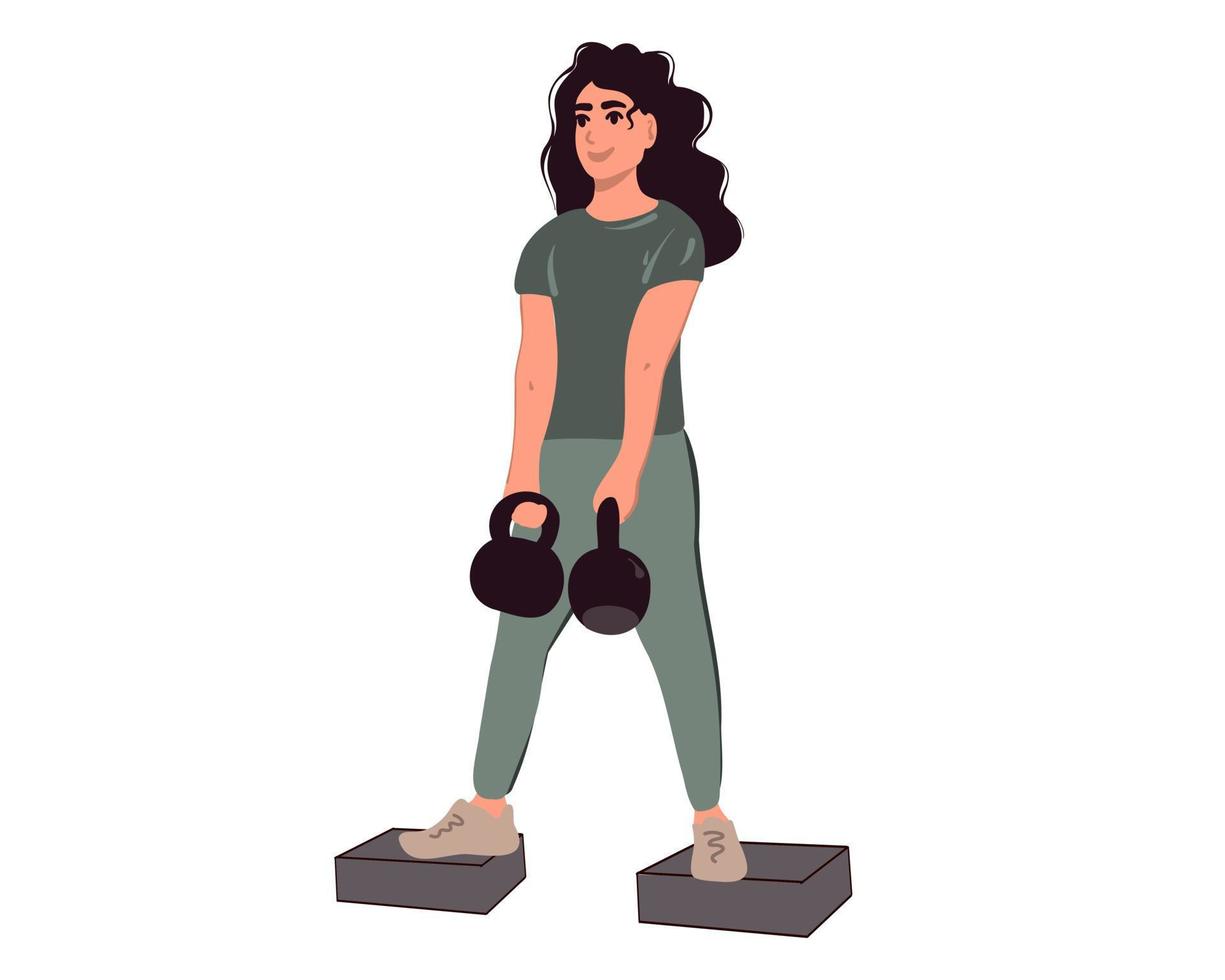 Young woman goes in for sports with kettlebells, fitness. Flat vector illustration.