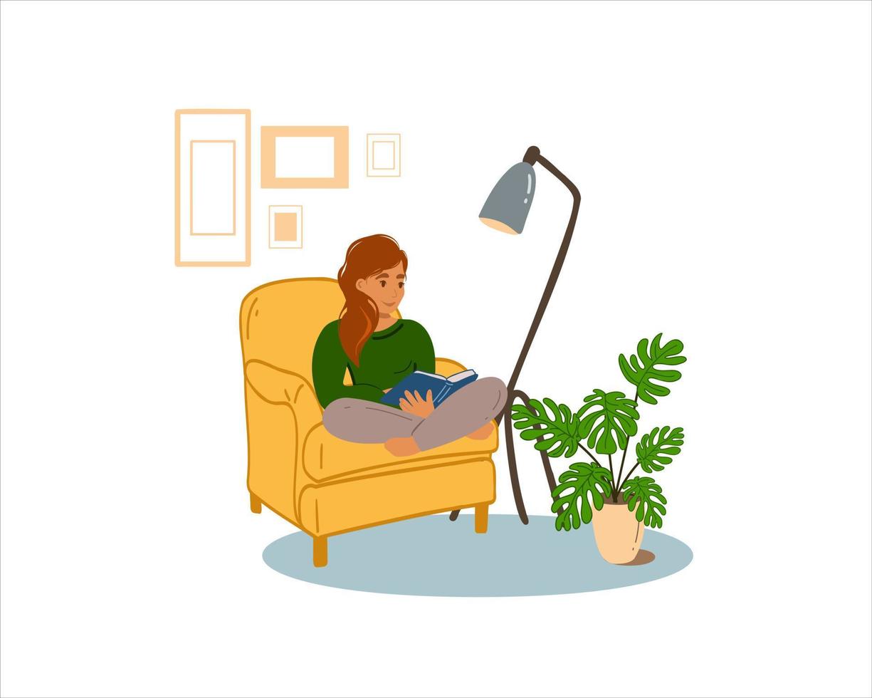 A young woman reads a book while sitting on a yellow chair in an apartment. vector