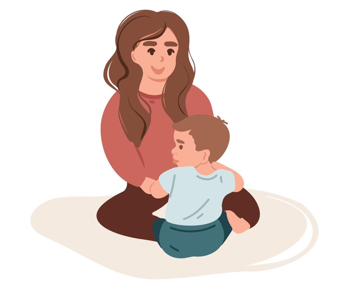 Young mother sits with her little son, child care, motherhood. vector