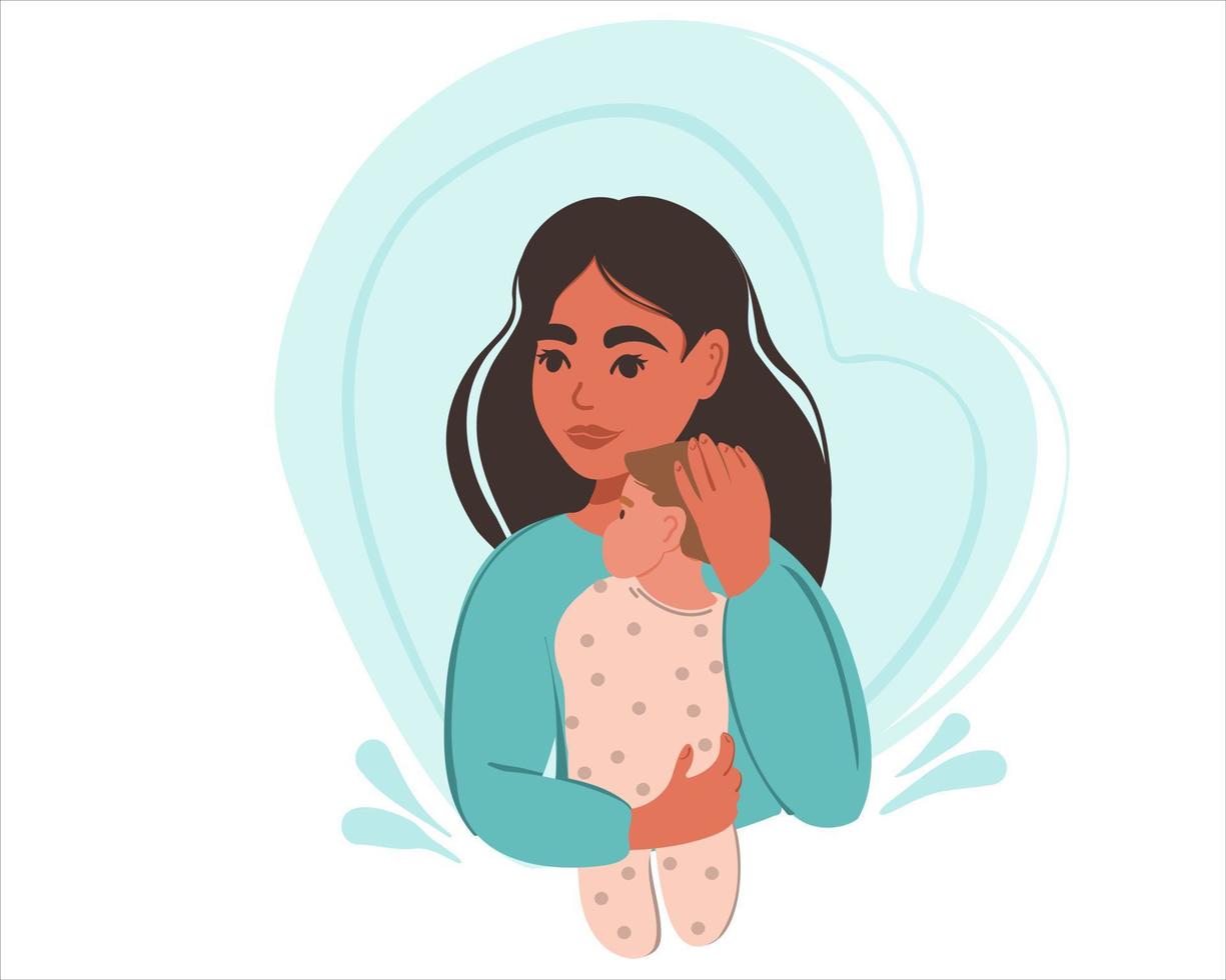 Young happy woman holding a baby in her arms. Motherhood. vector