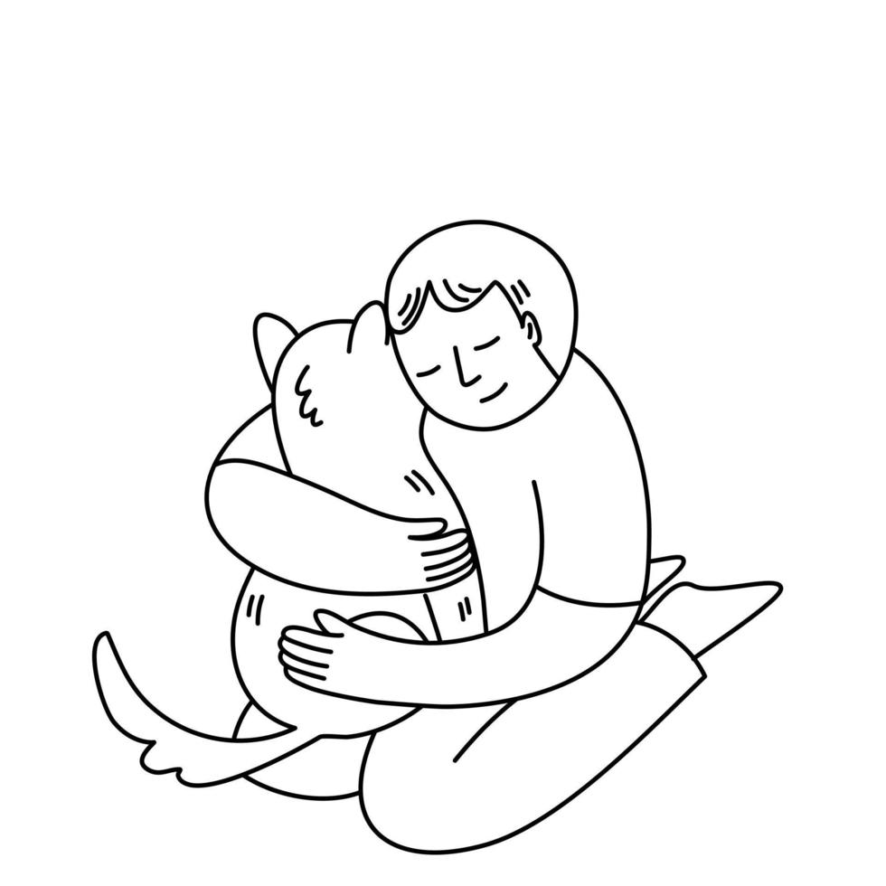 Isolated of a kid hugging a dog, black outline cartoon. vector