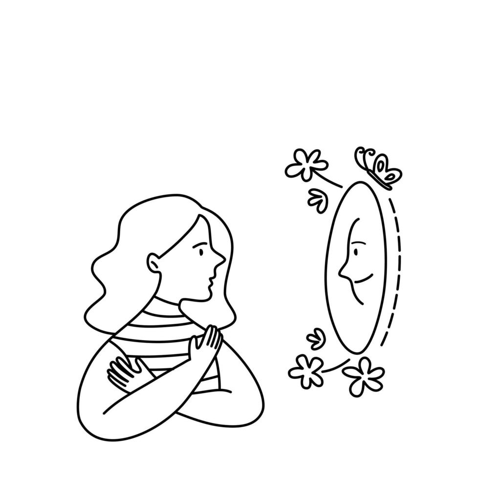 Isolated of a woman doing positive self talk in front of mirror, black outline cartoon. vector