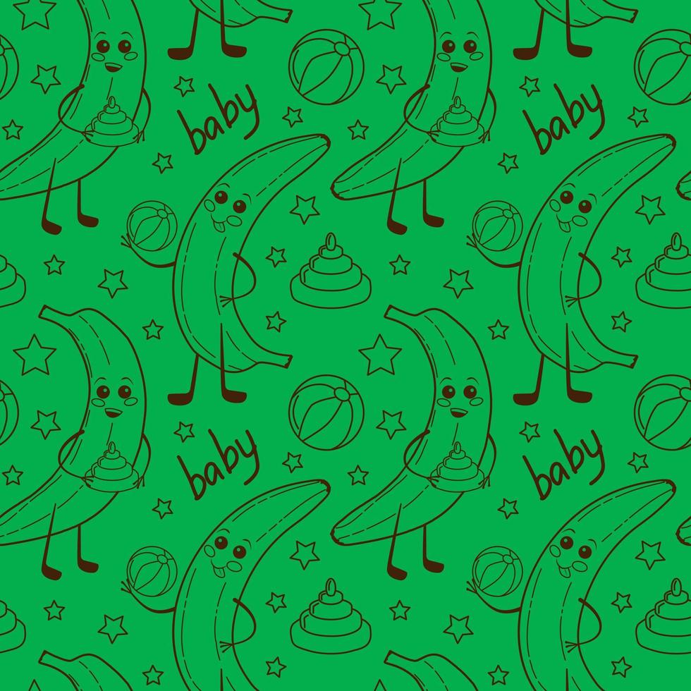 Cute kawaii baby bananas with balls, puramids and stars vector seamless pattern on green background. Vector outlines cartoon baby banana background. Perfect for textile prints, kids design, decor.