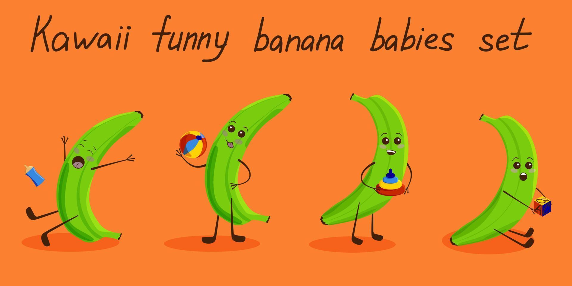 Cute baby banana character with funny face. Cute and funny comic style. Vector flat cartoon character illustration. Isolated icon design on orange background.