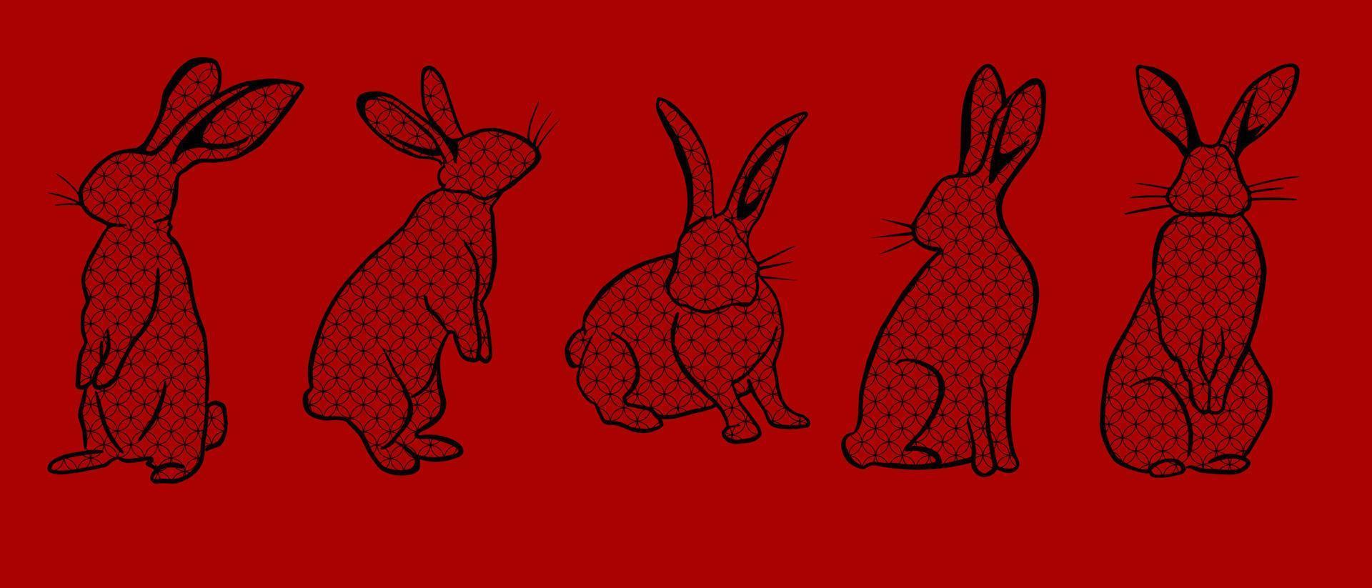 Set of traditional Chinese zodiac symbol - black rabbit on the red background with geometric ornament. vector