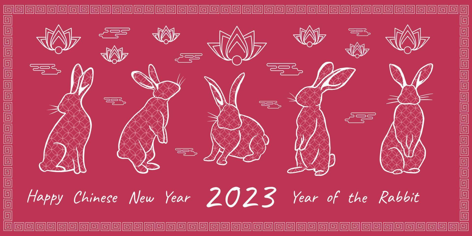 año nuevo chino 2023 - tarjeta de saludo con conejos ornamentales y lotos en el fondo viva magenta. vector