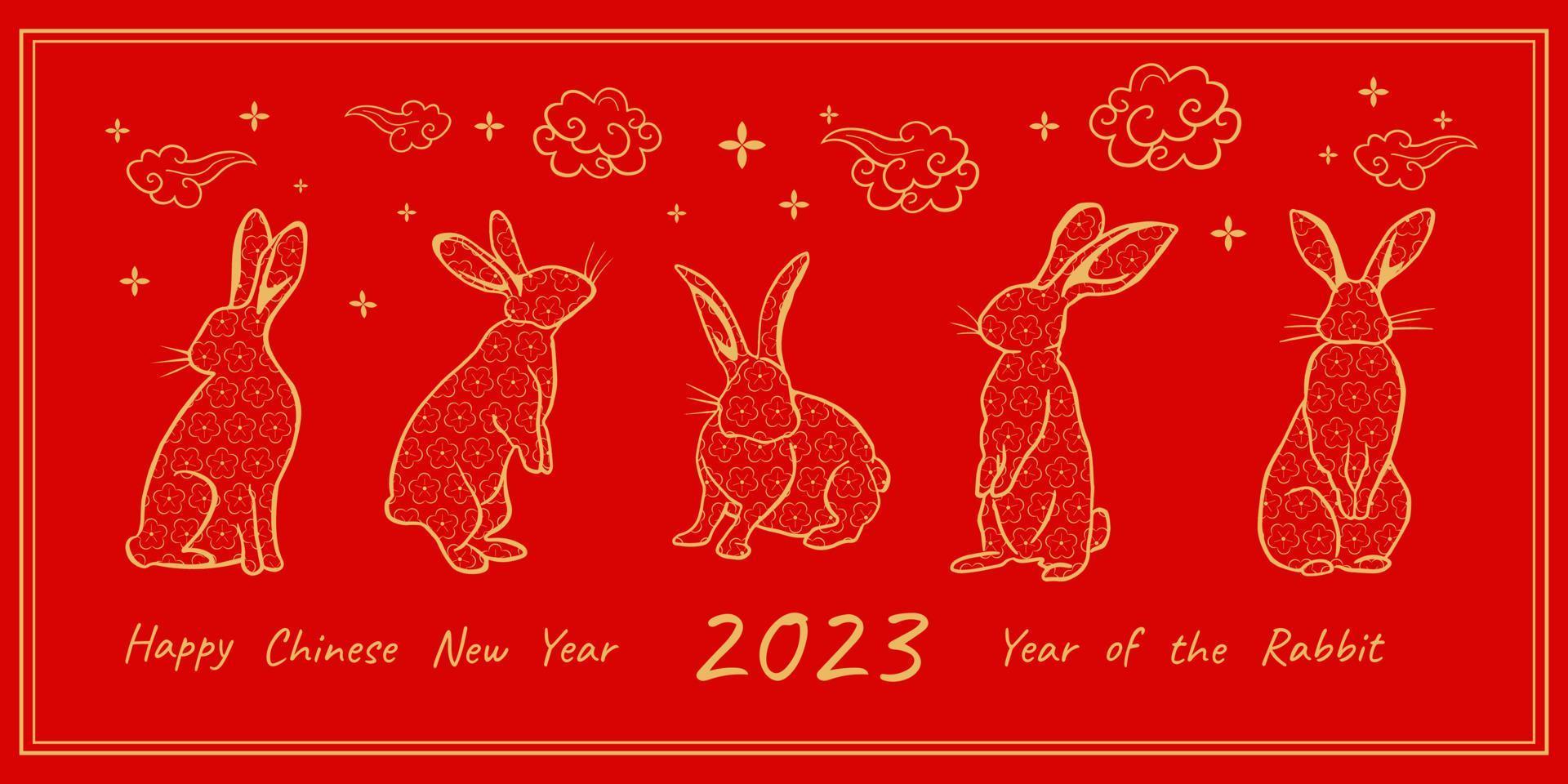 Chinese new year 2023 year of the rabbit. Greeting card with traditional zodiac symbol - rabbits. Outlines golden rabbits with traditional floral ornament and clouds on the light red background vector