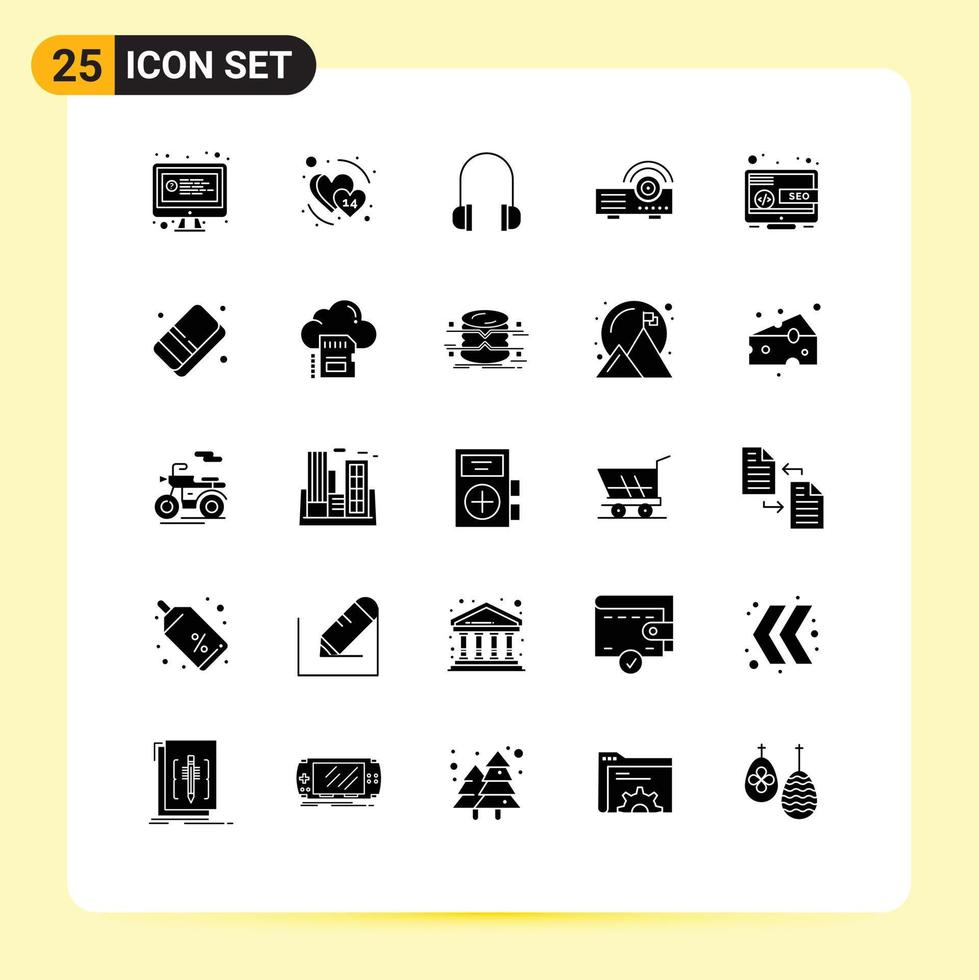 Group of 25 Solid Glyphs Signs and Symbols for online desktop headphones service projector Editable Vector Design Elements