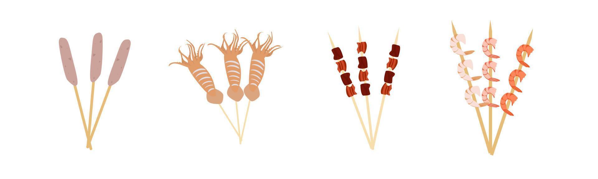 Chinese cuisine food vector. Traditional Chinese Street Food On Sticks, meat, pork sausages, octopus, shrimps. vector