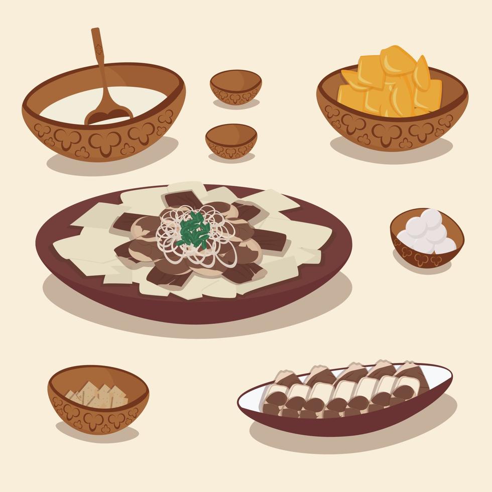 Vector set of national kazakh cuisine, dishes. Beshbarmak, baursak and qurt, kumis and irimshik