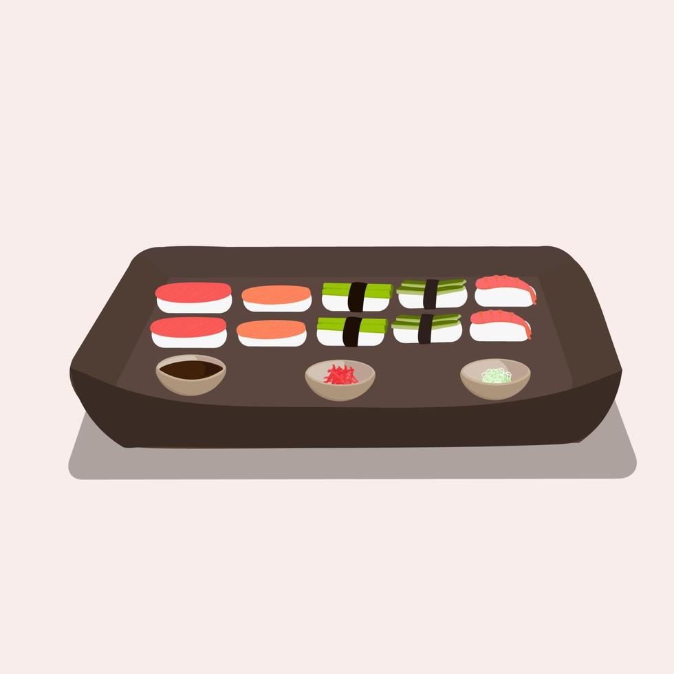 cocina nacional japonesa de sushi con salsa de soja, jengibre y condimentos con palillos vector