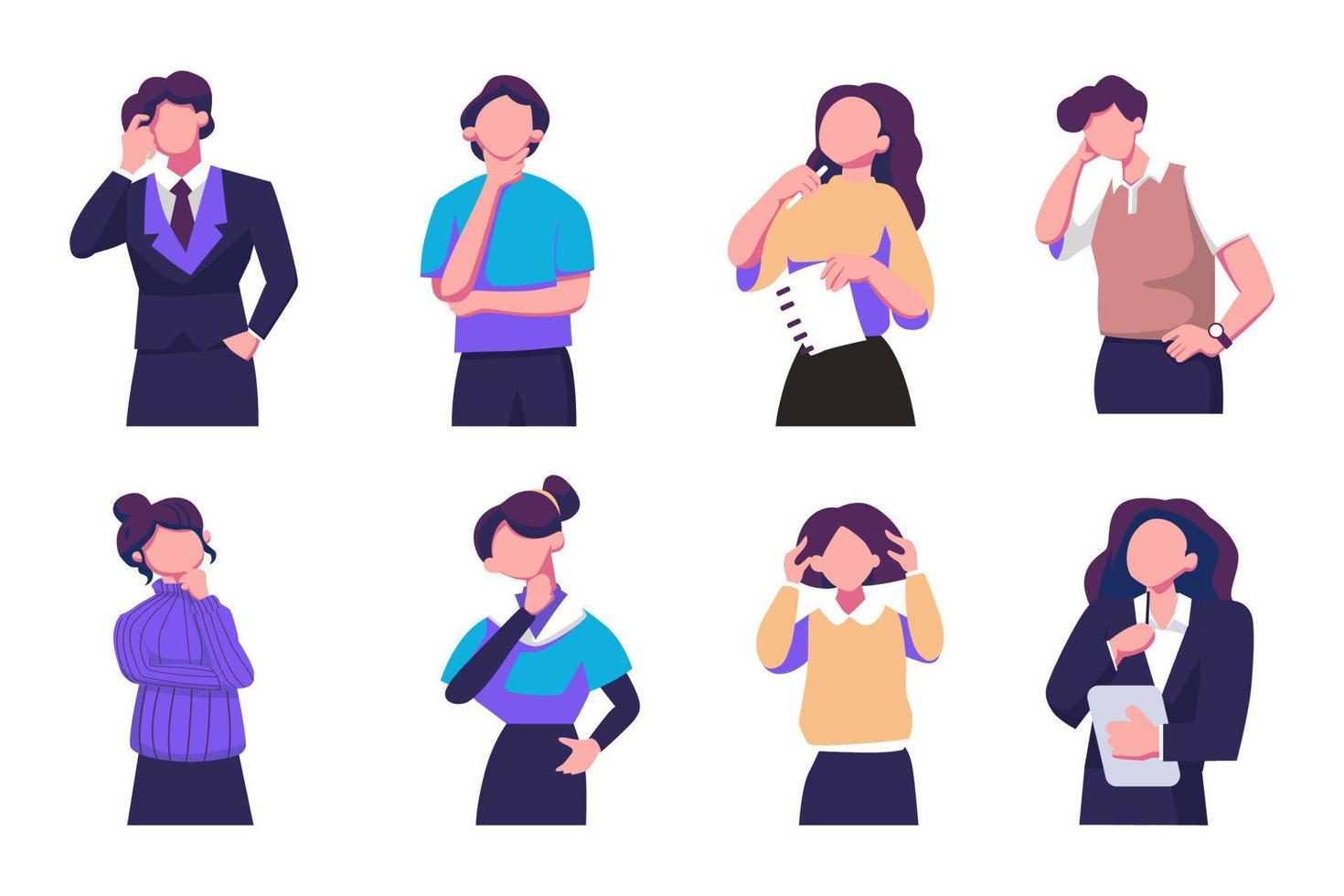 Confused men and women in doubts and thought flat style illustration dsign vector