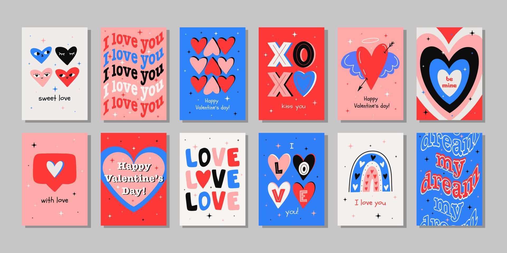 Big set Valentine's Day greeting cards. Hand drawn trendy cartoon heart, love lettering. Vector illustration