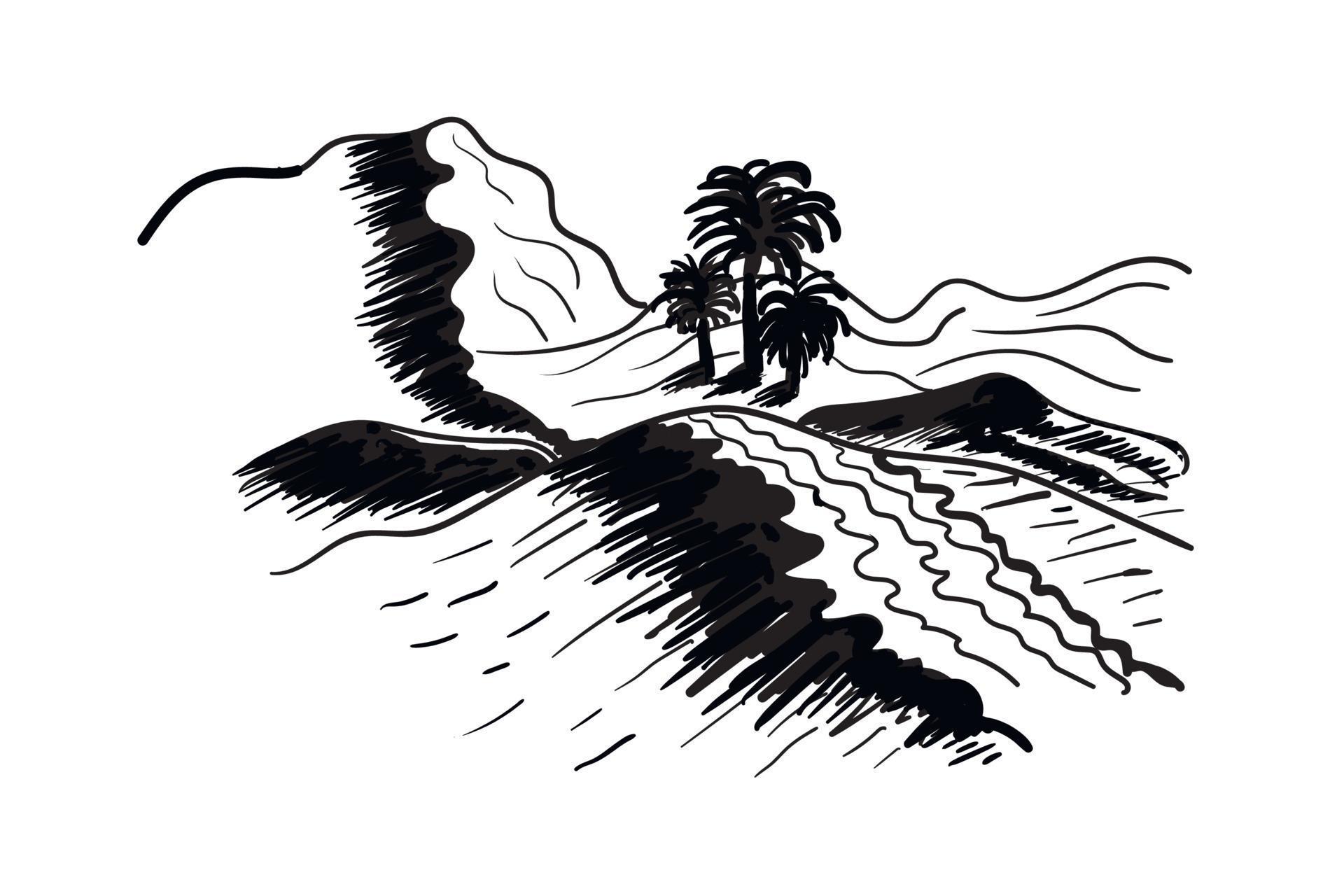 Sand dunes desert oasis palm trees sketch 17203469 Vector Art at Vecteezy 