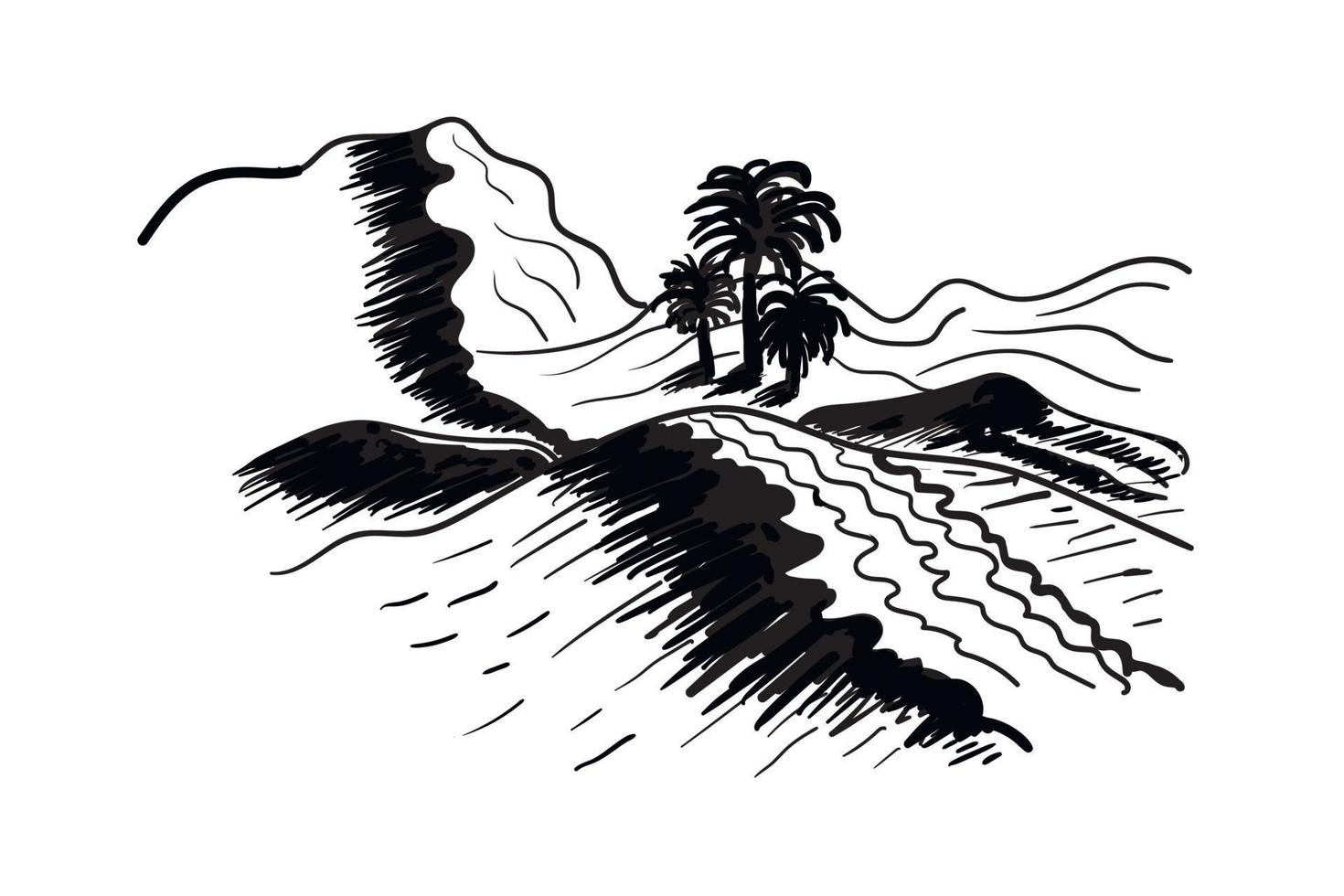 Sand dunes desert oasis palm trees sketch vector