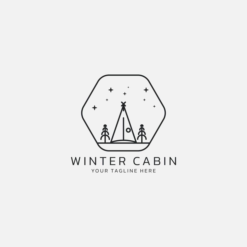 A hexagon logo containing a cabin with trees and snow. vector