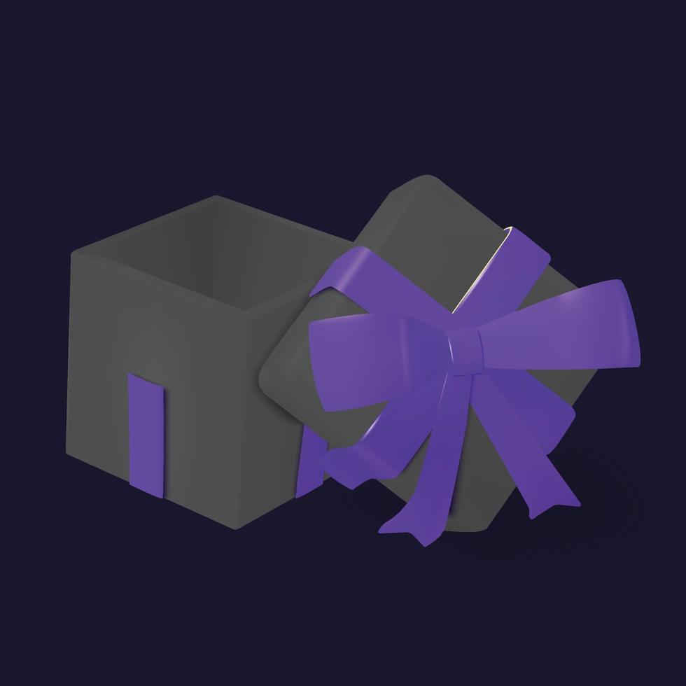 caja de regalo oscura con lazo brillante caja abierta realista 3d vector