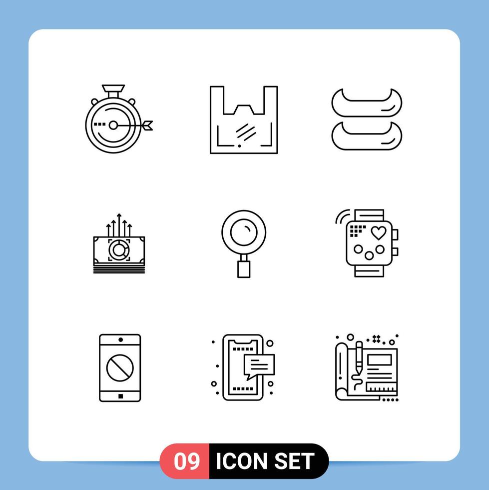 Pack of 9 creative Outlines of magnifier transfer shopper bucks money Editable Vector Design Elements