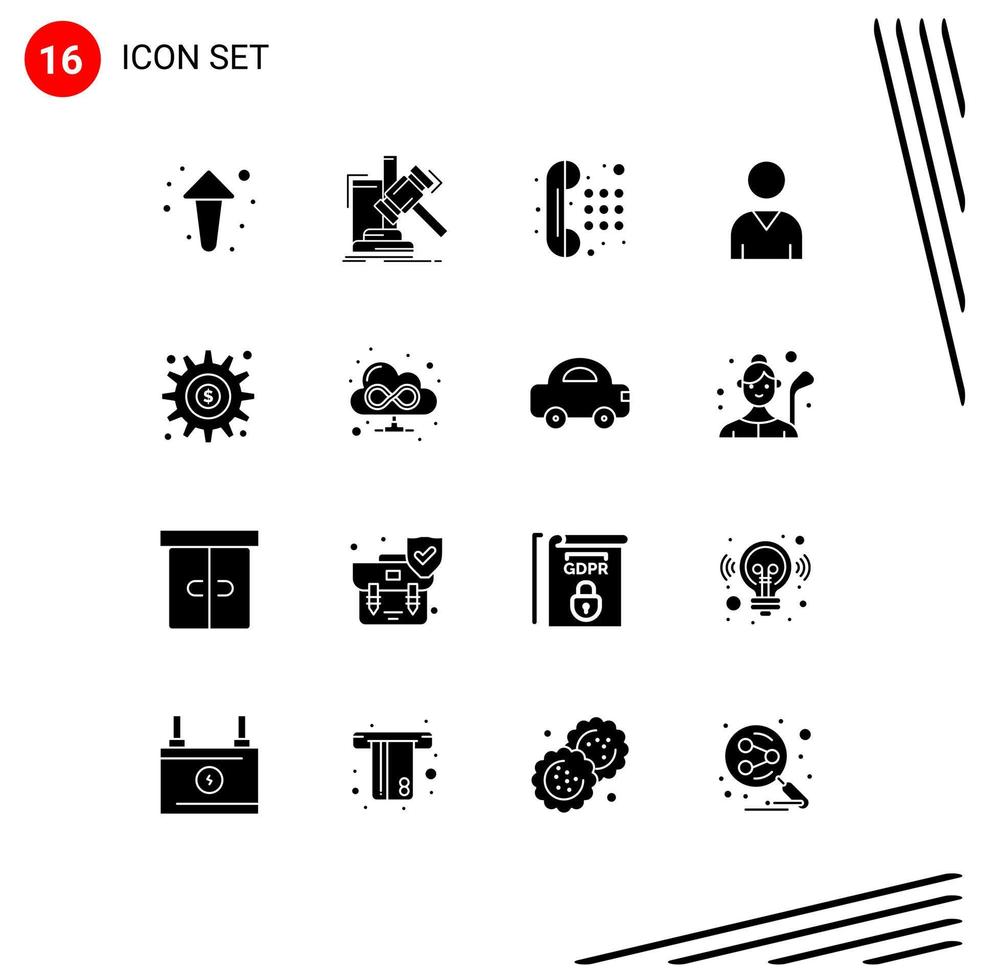 User Interface Pack of 16 Basic Solid Glyphs of gear user law interface dial pad Editable Vector Design Elements