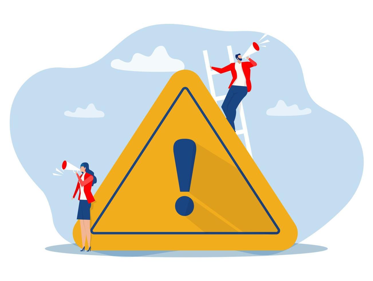 Two business people holding megaphone with important announcement. Attention or warning information By standing near exclamation sign. Marketing and advertising alert and beware concept vector