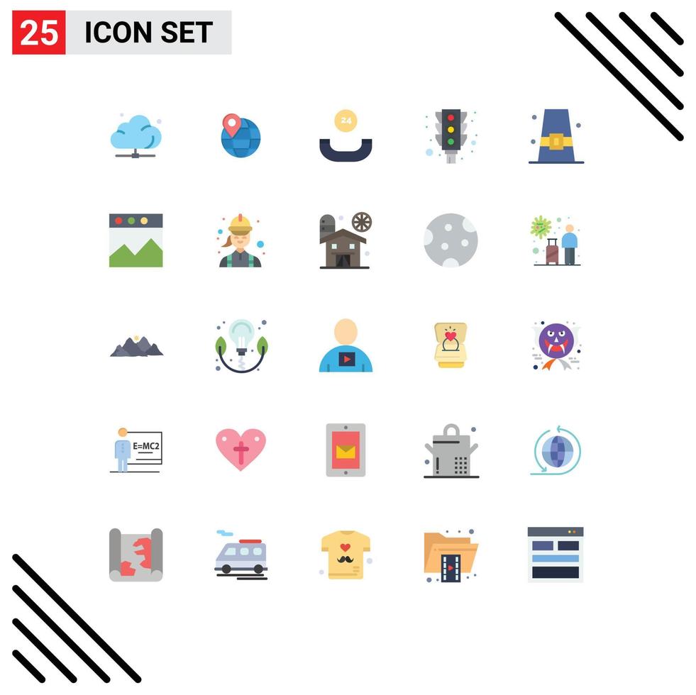 25 User Interface Flat Color Pack of modern Signs and Symbols of buckle stop internet traffic light Editable Vector Design Elements