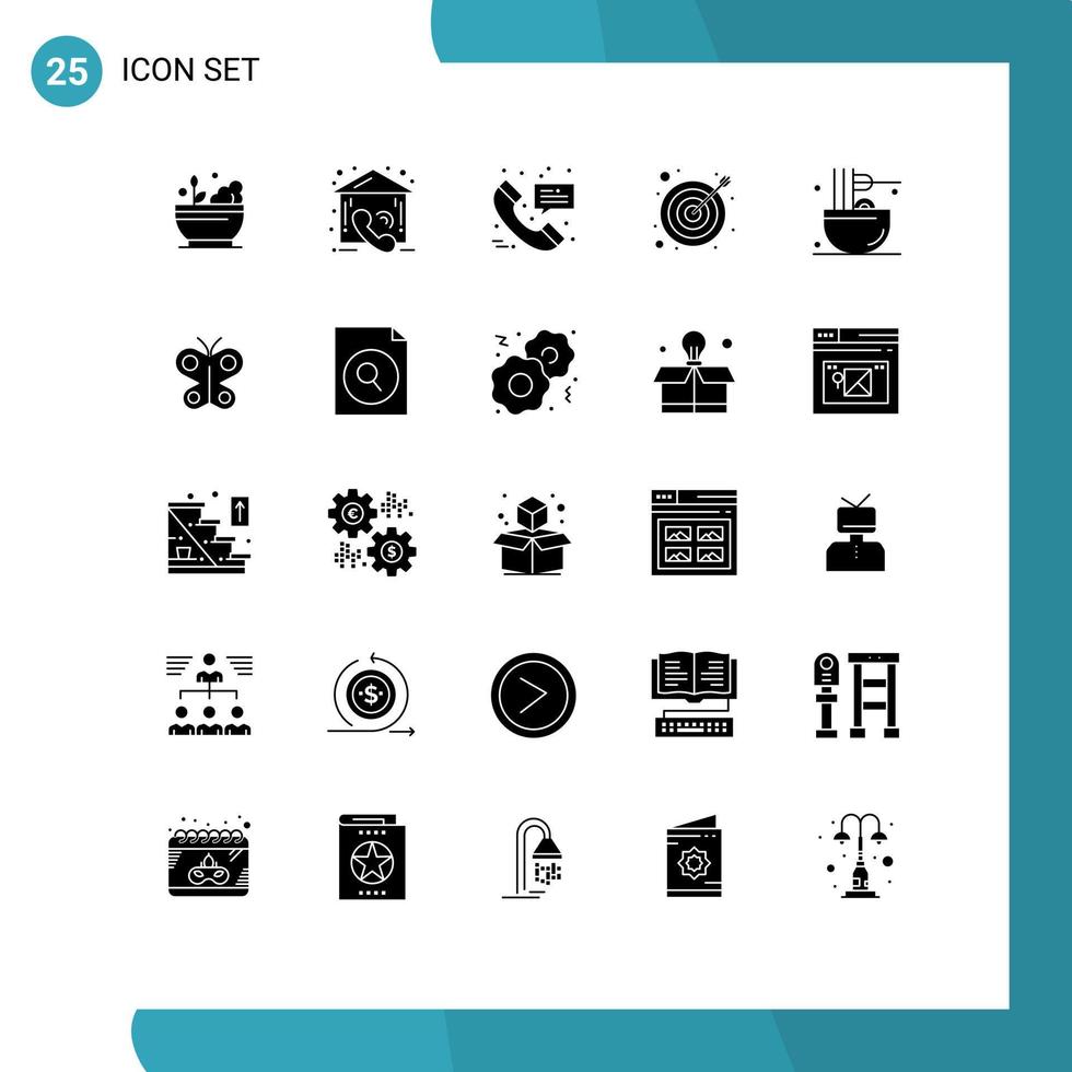 Mobile Interface Solid Glyph Set of 25 Pictograms of food cooking call target arrow Editable Vector Design Elements