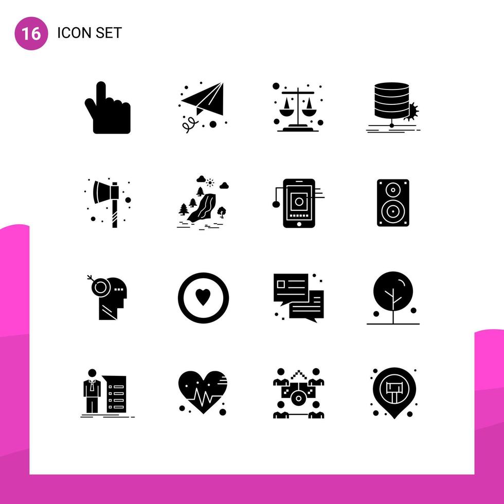 Modern Set of 16 Solid Glyphs Pictograph of waterfall hatchet scales axe diagram Editable Vector Design Elements