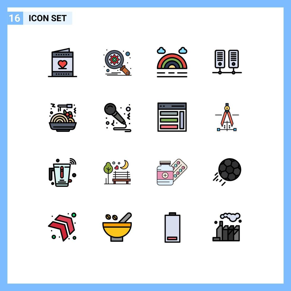 Group of 16 Flat Color Filled Lines Signs and Symbols for birthday food forecast chinese food data Editable Creative Vector Design Elements