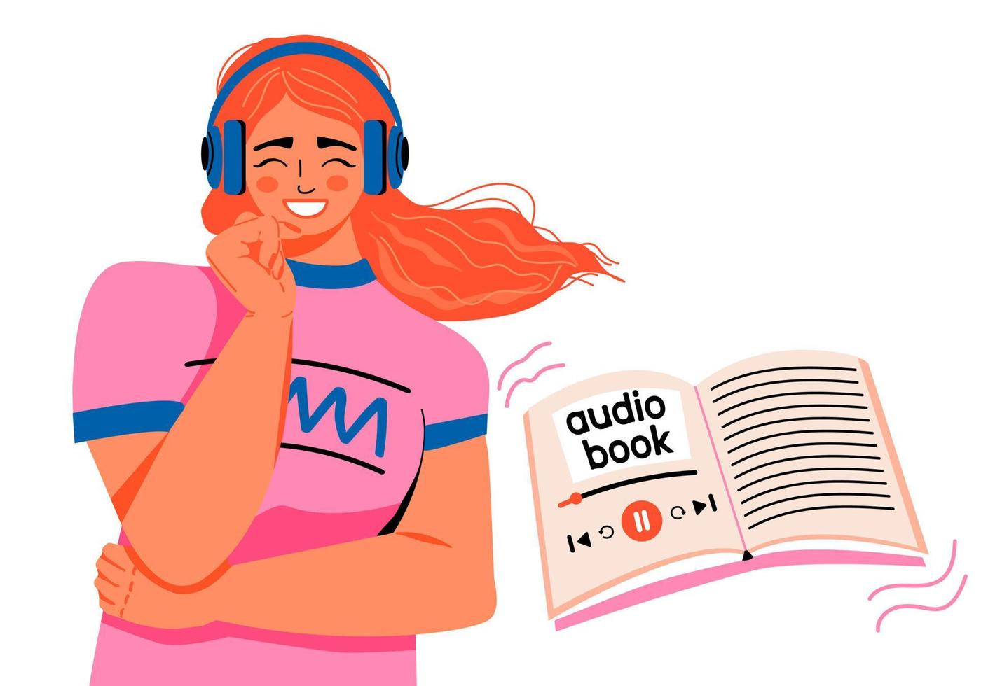 Woman in wireless headphones listening to audio book online. Concept of online learning. Internet library. Vector illustration