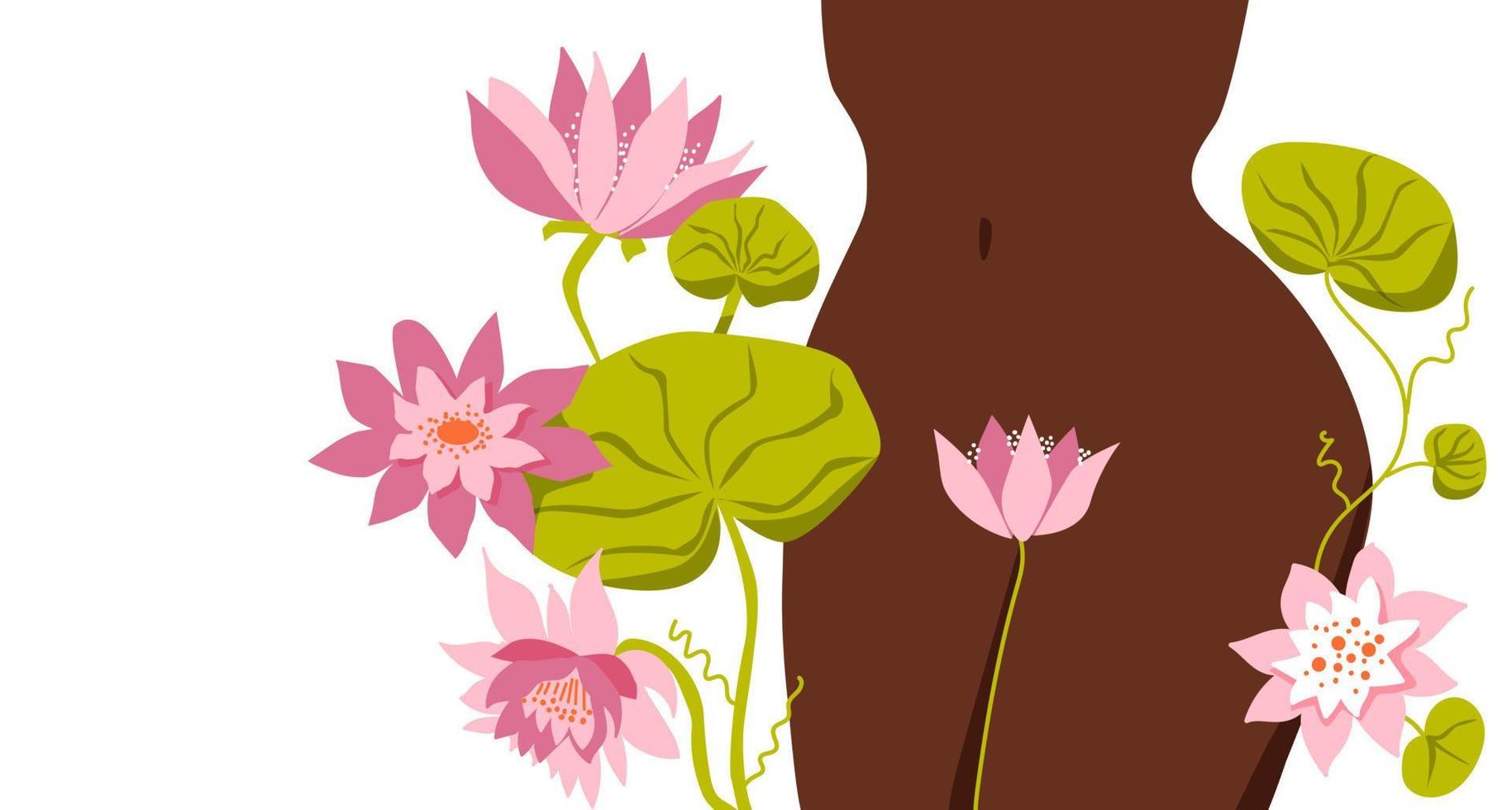 Women's health. Female  dark hips. Bikini line. The topic of female intimate depilation and hygiene. Lotus, water lilies and leaves. Vector illustration. Place for text
