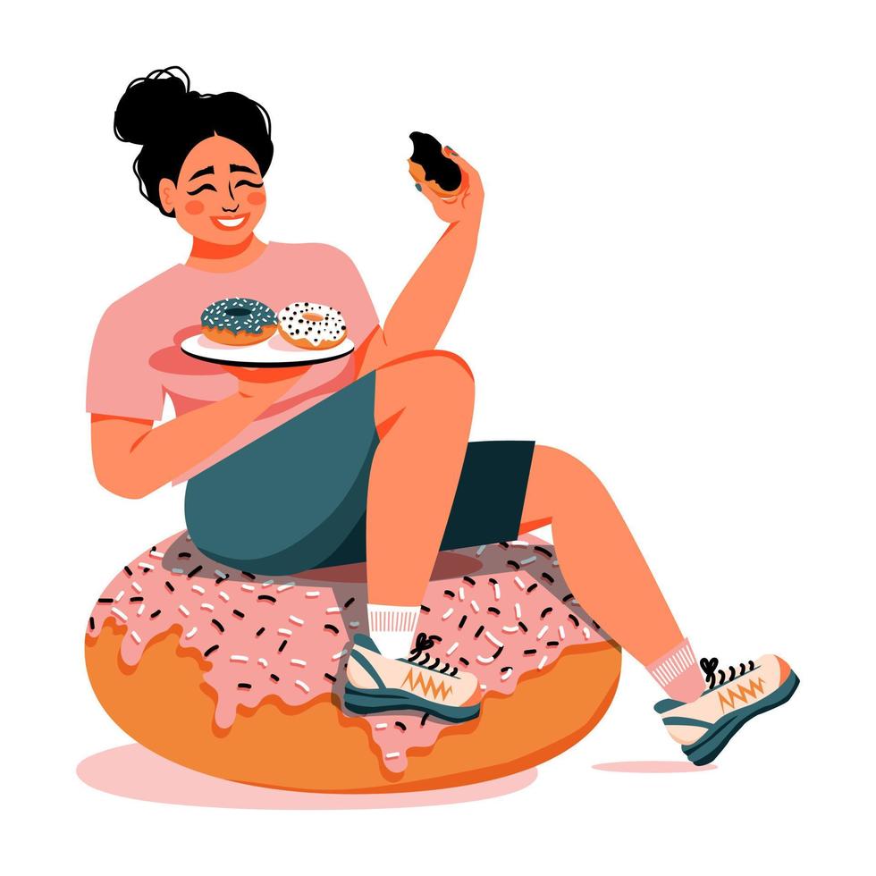 Woman sitting on the big donut and eating.  Girl enjoys sweet food. Perfect for for advertising donuts and cakes. Vector illustration