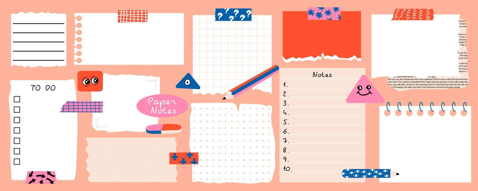 Paper notes with washi tapes. Set with blank Paper sticky notes for to do list, reminders, scheduler. Pencils, funny forms. Vector illustration.