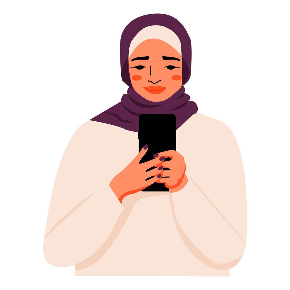 mujer musulmana con ropa cerrada e hiyab mirando en un teléfono inteligente y escribiendo un texto. chica hablando por teléfono. ilustración vectorial vector