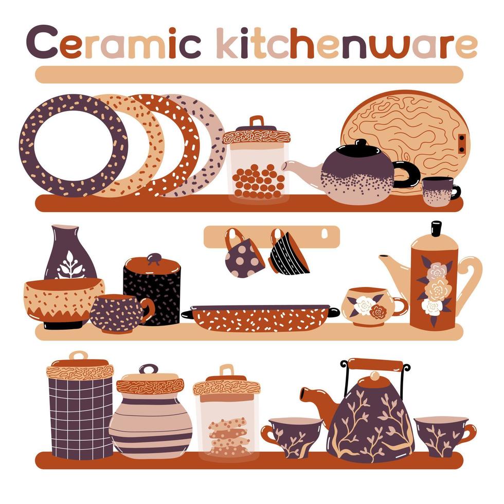 Ceramic Kitchenware. Set of dishes on the shelves. Cups, teapots, plates. Tableware vector