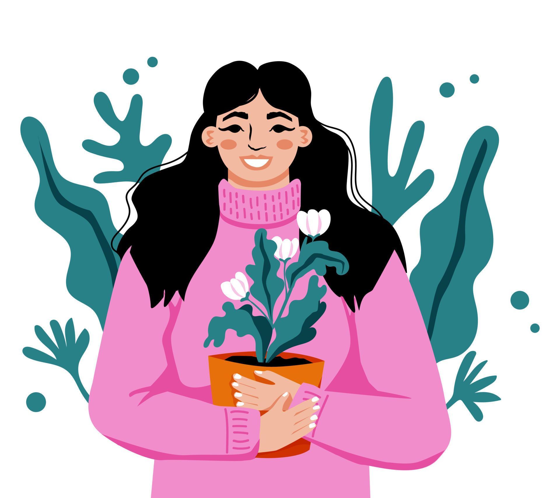 Woman holding blooming houseplant in pot. Girl in cozy sweater is proud