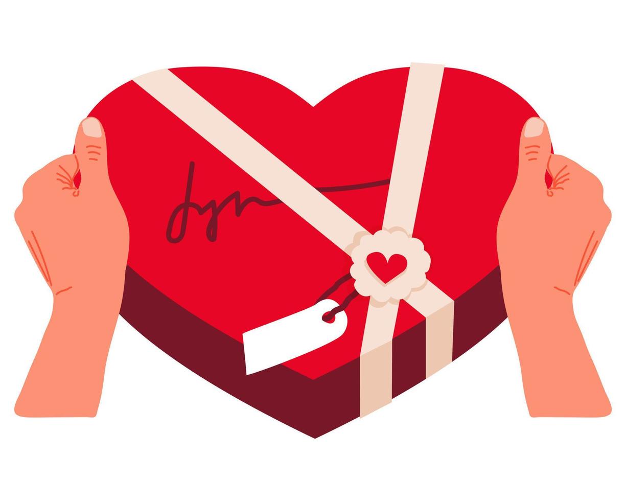 Hands hold packing gift in the form of heart for Valentine's day. Present. Vector illustration